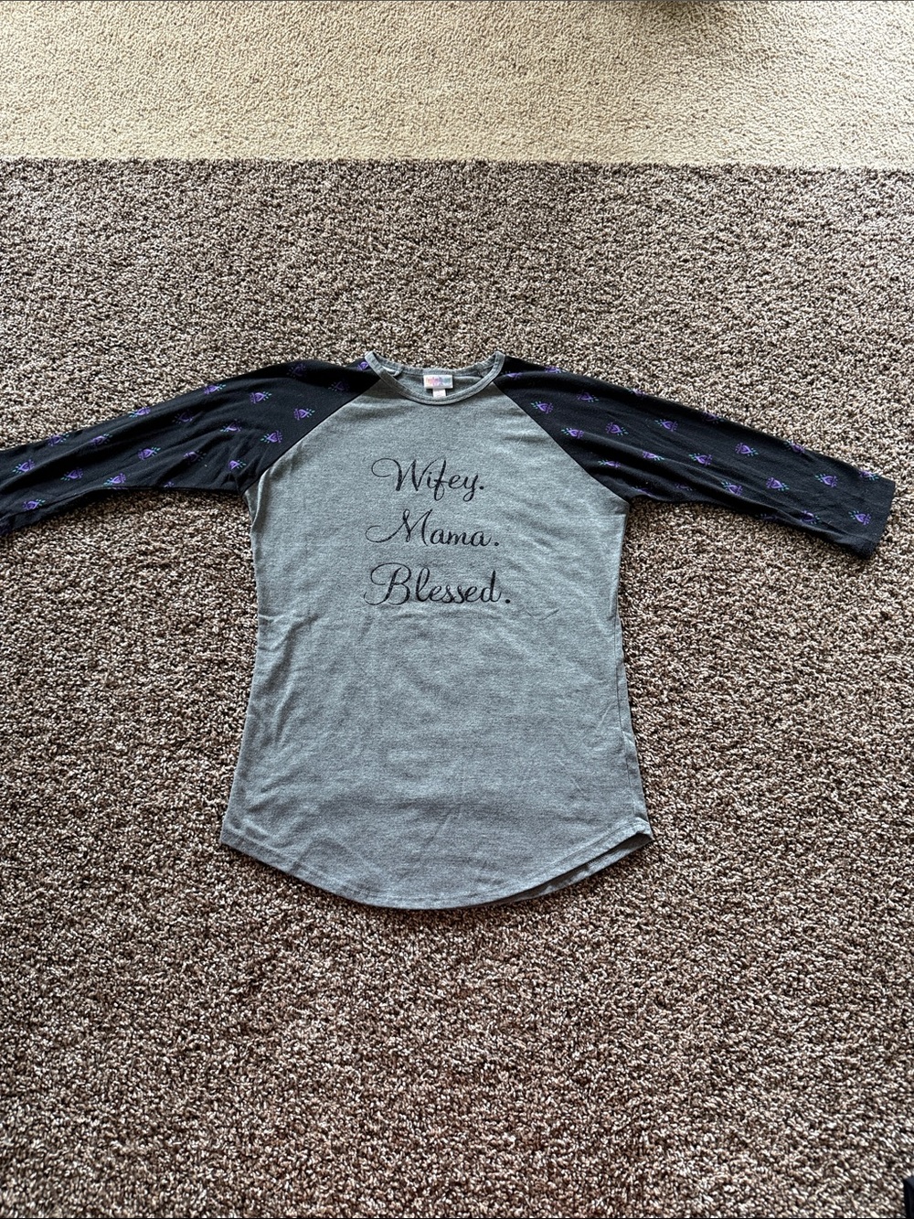 LuLaRoe Gray Baseball Tee with Black & Purple Accent Sleeves
